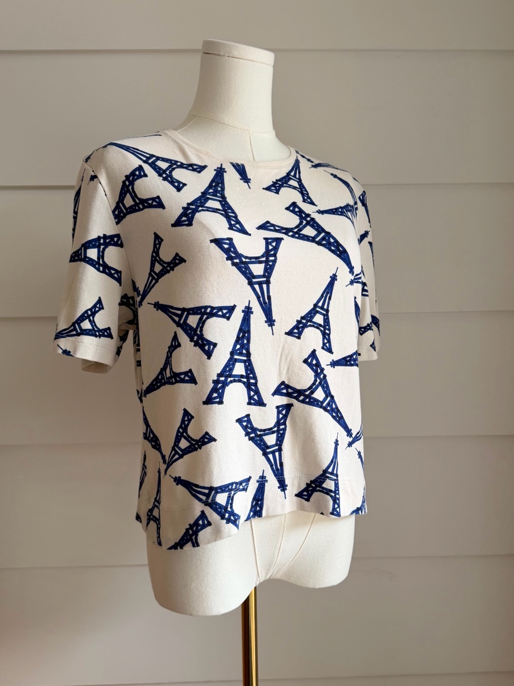 Petit Bateau Cream & Blue Eiffel Tower Print Cotton Short Sleeve Tee Shirt S